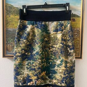 Mauve Navy and Green Floral Jacquard Pencil Skirt